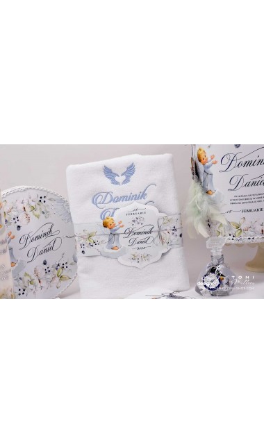 Trusou botez cu ingeri si flori de bumbac personalizat pentru baieti Ingerul Albastru 15